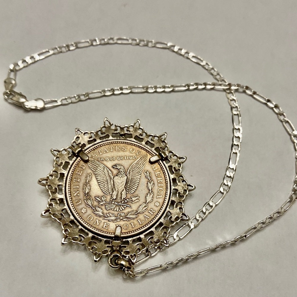 Antique 1921 Silver Morgan Dollar Coin Pendant w/ 18in 925 Silver Chain Necklace