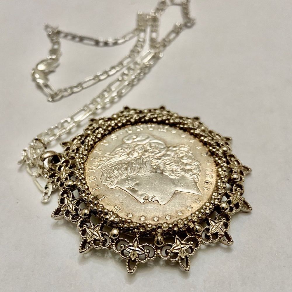 Antique 1921 Silver Morgan Dollar Coin Pendant w/ 18in 925 Silver Chain Necklace