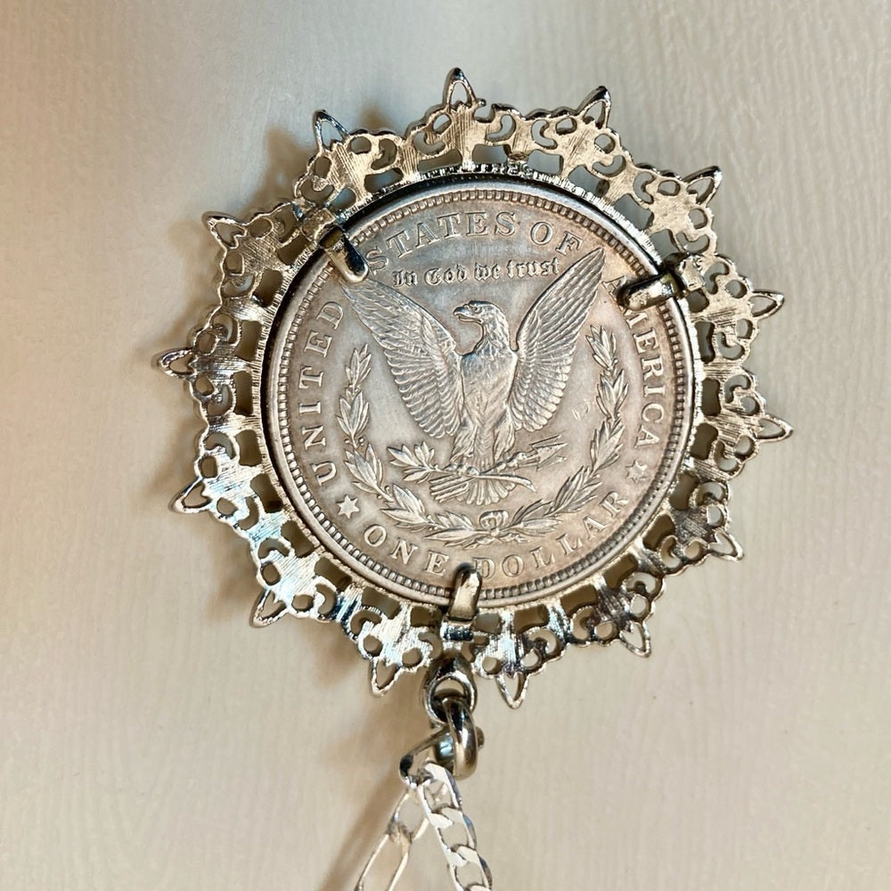 Antique 1921 Silver Morgan Dollar Coin Pendant w/ 18in 925 Silver Chain Necklace