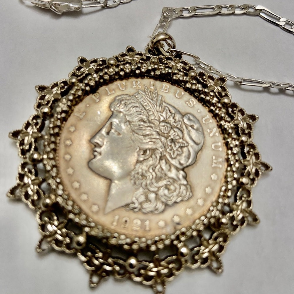 Antique 1921 Silver Morgan Dollar Coin Pendant w/ 18in 925 Silver Chain Necklace