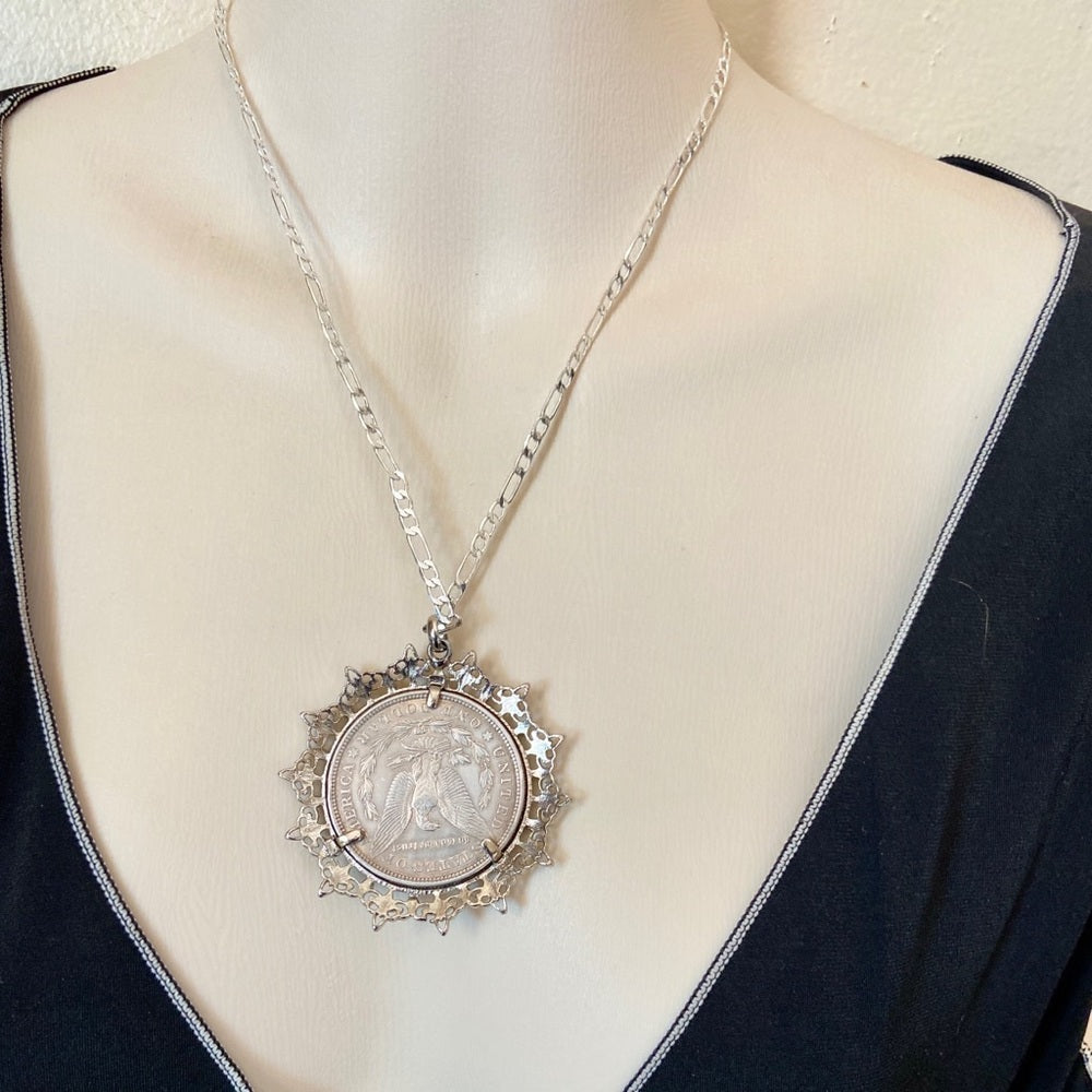 Antique 1921 Silver Morgan Dollar Coin Pendant w/ 18in 925 Silver Chain Necklace