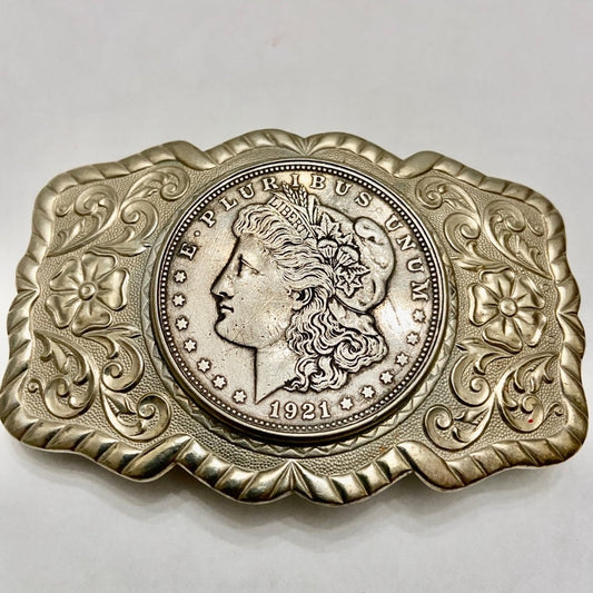 Antique 1921 Silver Morgan Dollar Coin Buckle  3.25in x 2.25in