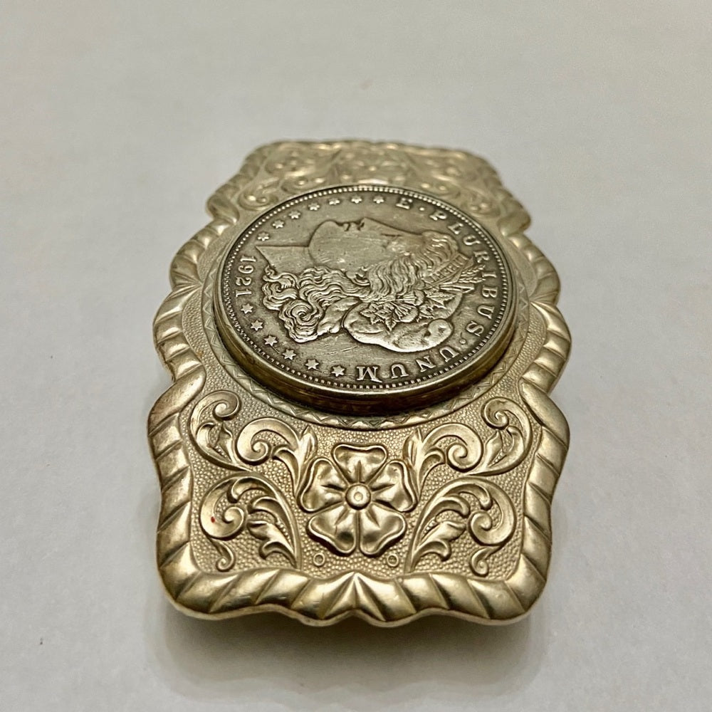 Antique 1921 Silver Morgan Dollar Coin Buckle  3.25in x 2.25in
