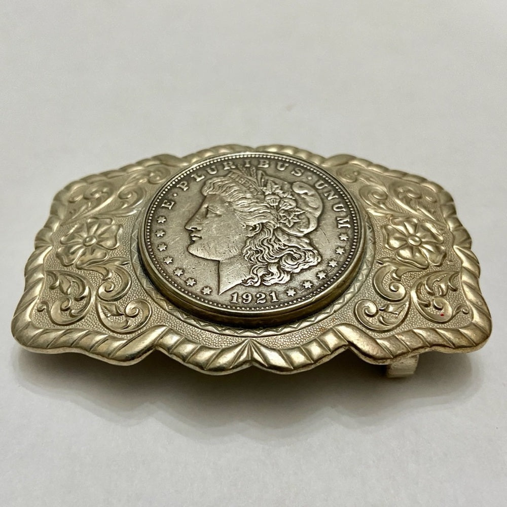 Antique 1921 Silver Morgan Dollar Coin Buckle  3.25in x 2.25in