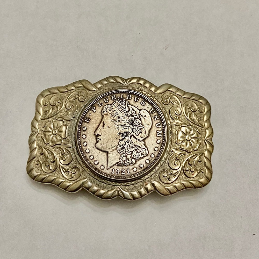 Antique 1921 Silver Morgan Dollar Coin Buckle  3.25in x 2.25in