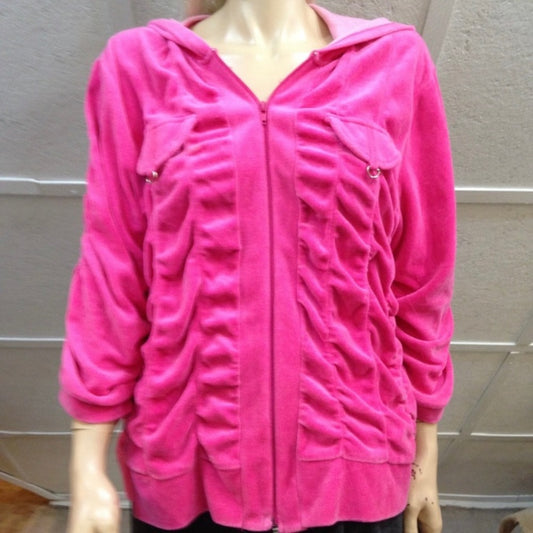 MKM Designs, Pink- Fuchsia, Hooded Velvet Zip Jacket (L)