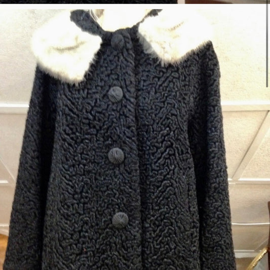 Vintage, Genuine Miracurl, Black Persian Lamb with Gray Collar Dress Coat  (L)