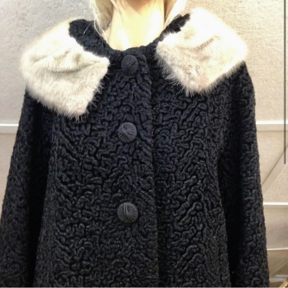 Vintage, Genuine Miracurl, Black Persian Lamb with Gray Collar Dress Coat  (L)