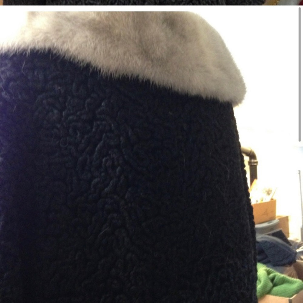Vintage, Genuine Miracurl, Black Persian Lamb with Gray Collar Dress Coat  (L)