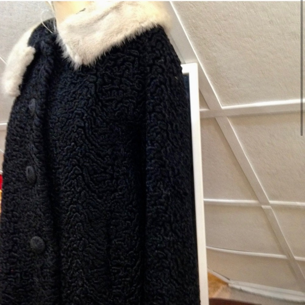 Vintage, Genuine Miracurl, Black Persian Lamb with Gray Collar Dress Coat  (L)