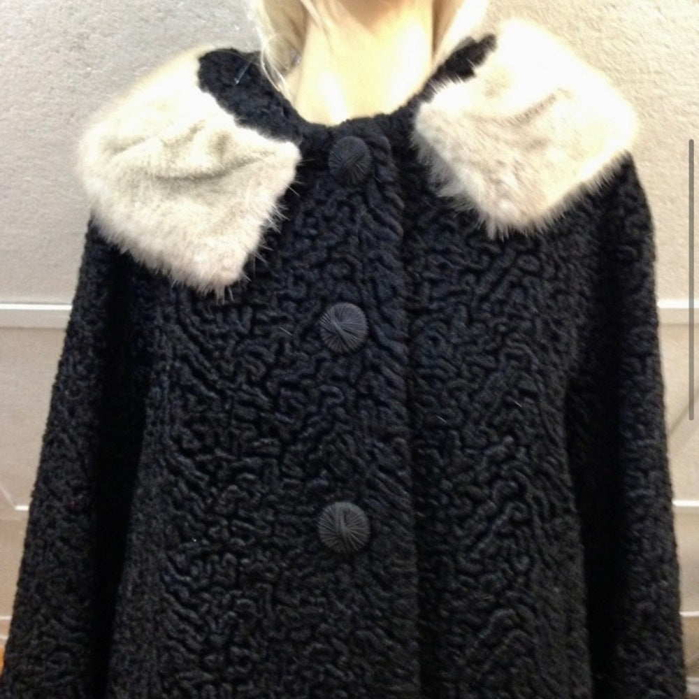 Vintage, Genuine Miracurl, Black Persian Lamb with Gray Collar Dress Coat  (L)