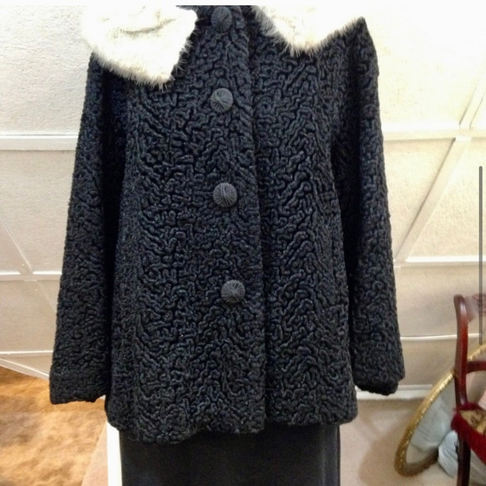 Vintage, Genuine Miracurl, Black Persian Lamb with Gray Collar Dress Coat  (L)