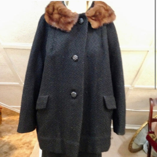 Vintage, Jean Sutton Faux Black Persian Lamb Dress Swing Coat (L)