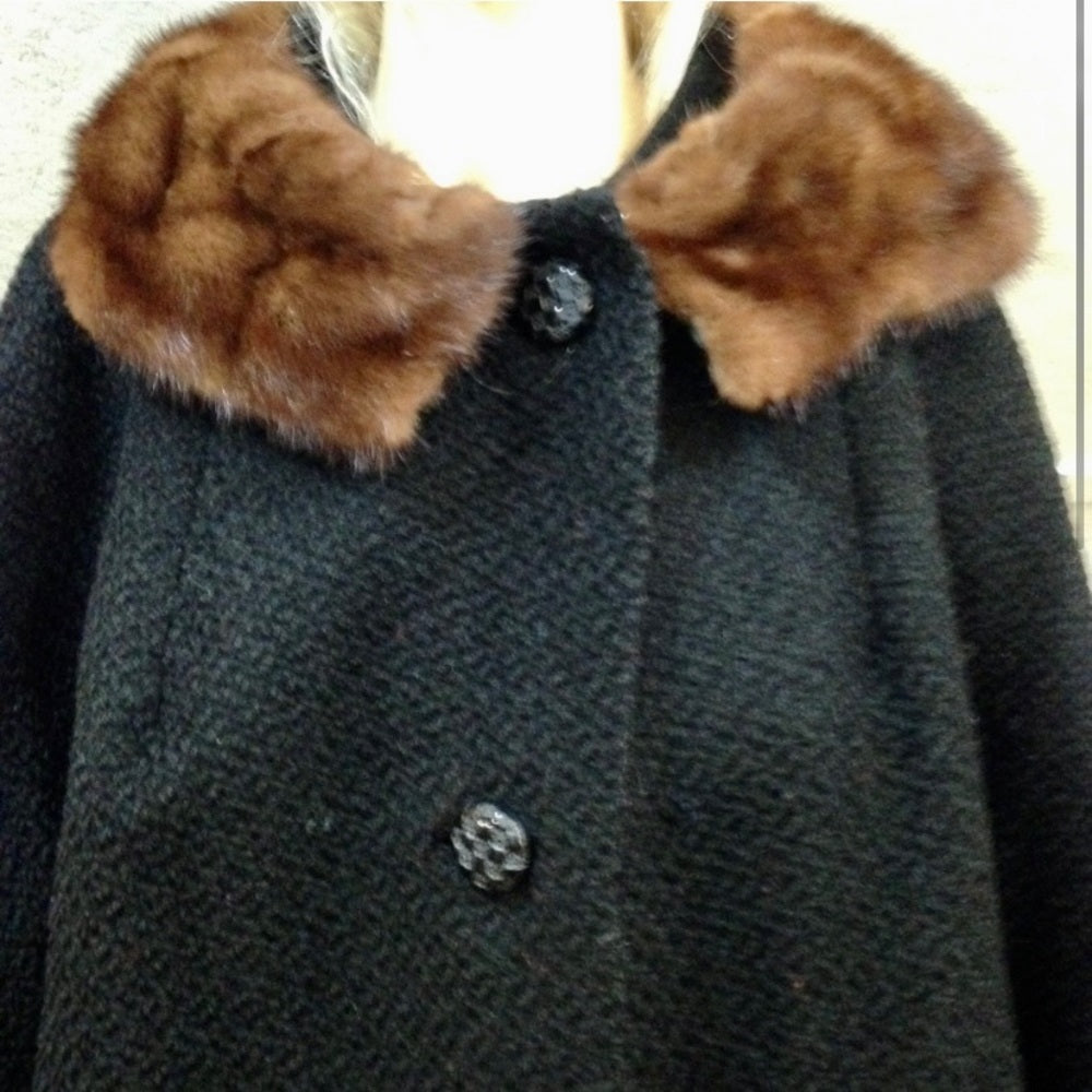Vintage, Jean Sutton Faux Black Persian Lamb Dress Swing Coat (L)