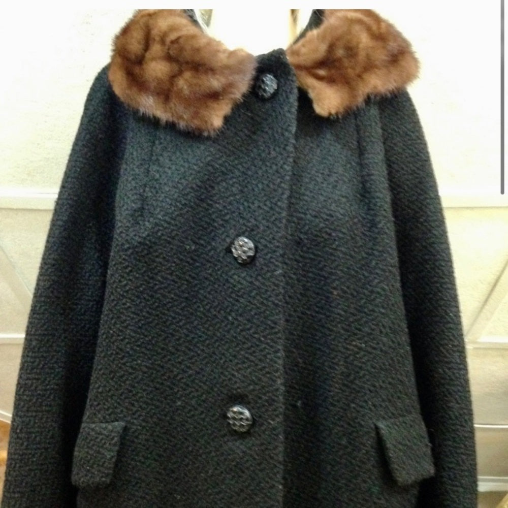 Vintage, Jean Sutton Faux Black Persian Lamb Dress Swing Coat (L)