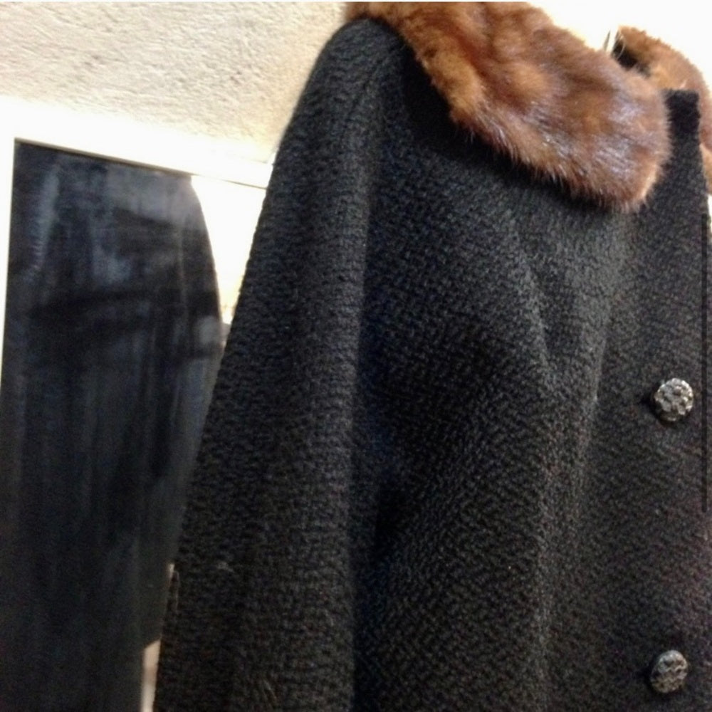 Vintage, Jean Sutton Faux Black Persian Lamb Dress Swing Coat (L)