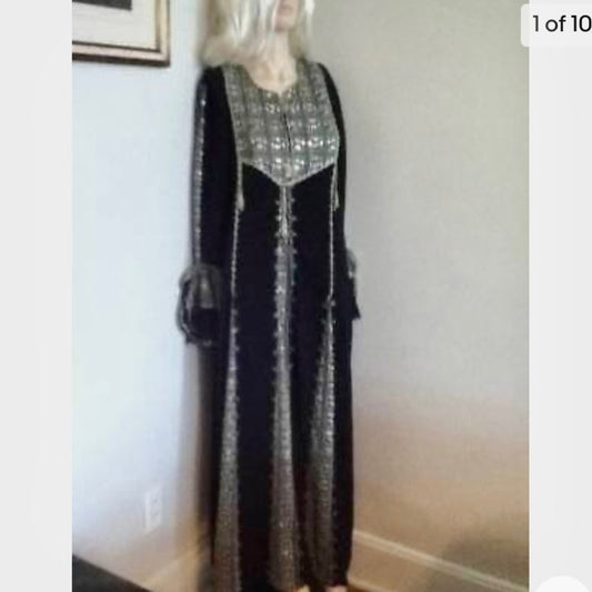 Vintage, 1960-70s Elegant, Black Long Kaftan with Colorful Needlework Trim