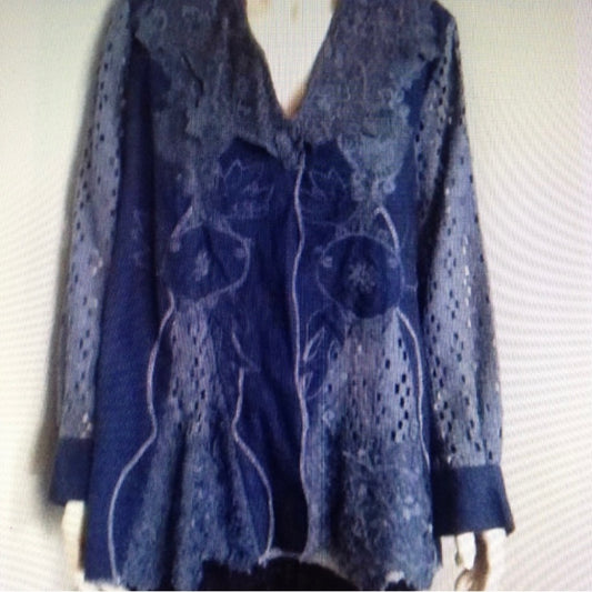 Newport News, Styleworks, Embroidered Lace Blue Denim Swing Top-Maternity Size 8
