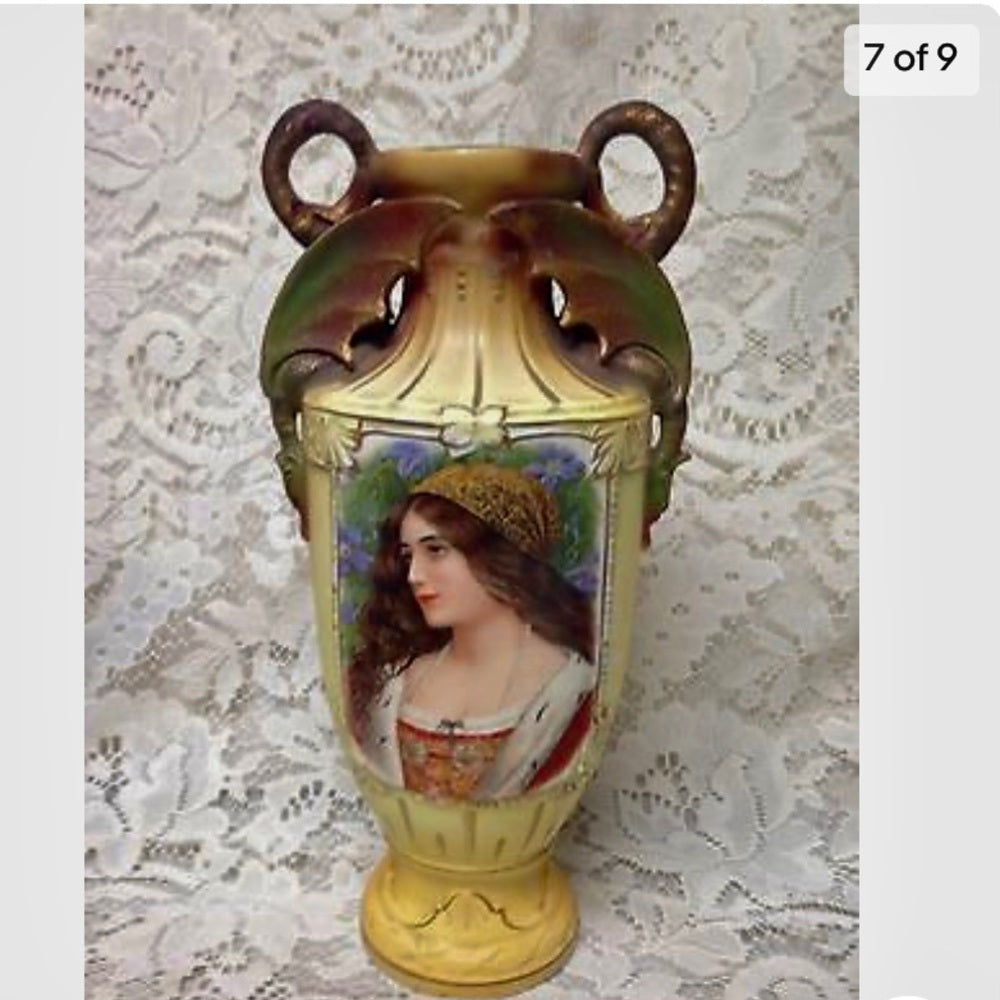 Antique, 10in x 5.5in Austrian Whiteware, Royal Rex Tima Portrait Vase