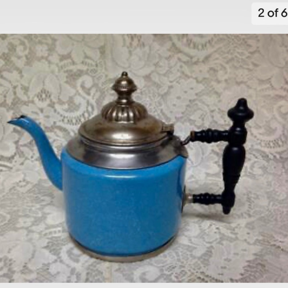 Vintage, Manning & Bowman, Blue Enamelware Teapot or Tea Kettle 9.5in W x 7in T