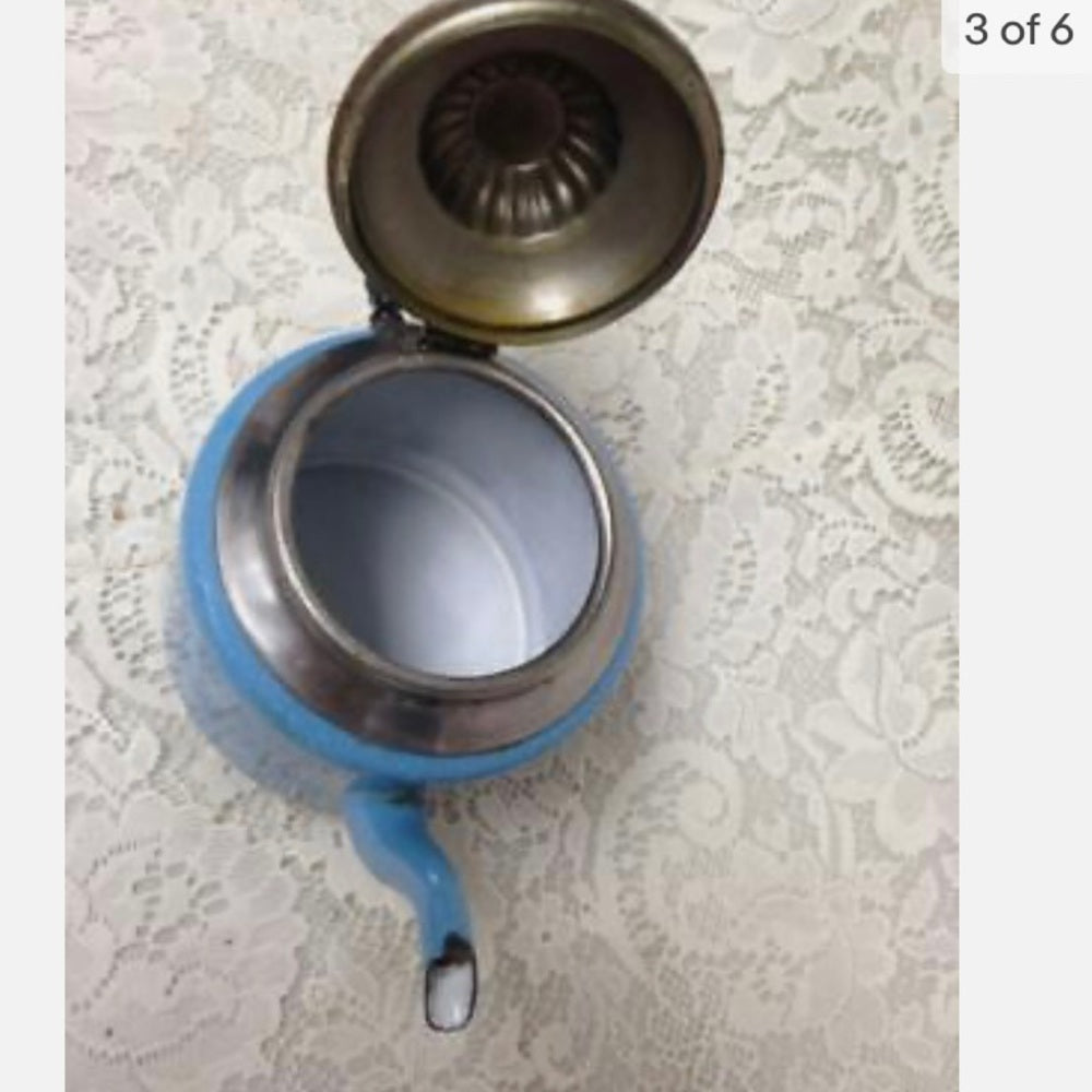 Vintage, Manning & Bowman, Blue Enamelware Teapot or Tea Kettle 9.5in W x 7in T