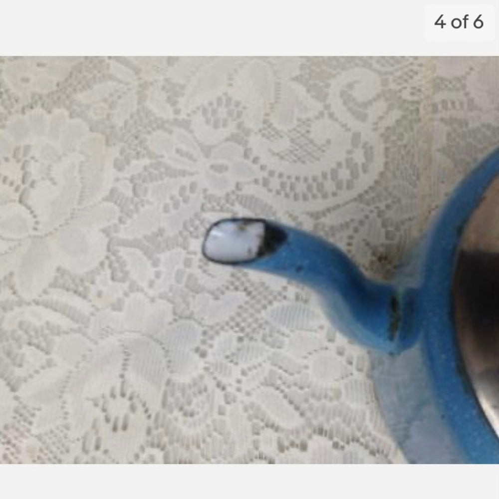 Vintage, Manning & Bowman, Blue Enamelware Teapot or Tea Kettle 9.5in W x 7in T