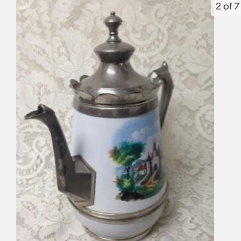 Antique, Enamelware-Pewter, Manning and Bowman Teapot 11.5in H x 10in W x 6in