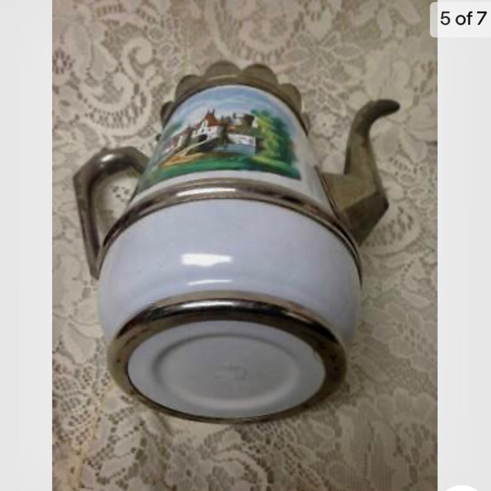 Antique, Enamelware-Pewter, Manning and Bowman Teapot 11.5in H x 10in W x 6in