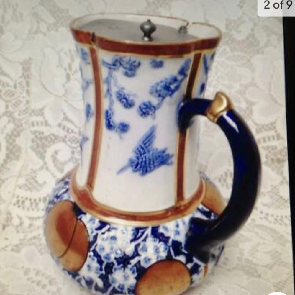 Antique, Tofts, Blue, Gold White Pitcher-Jug with Pewter Lid 7.25in H x 6in