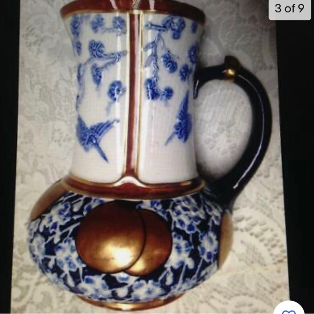 Antique, Tofts, Blue, Gold White Pitcher-Jug with Pewter Lid 7.25in H x 6in