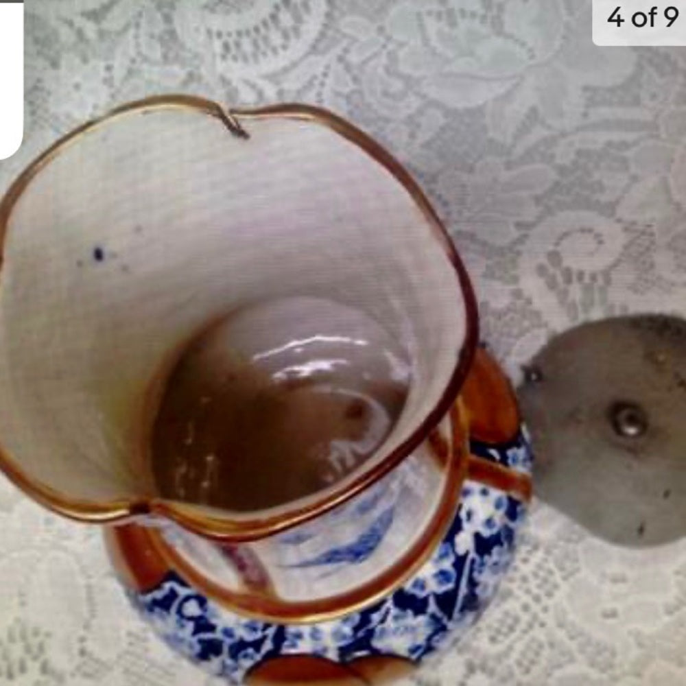 Antique, Tofts, Blue, Gold White Pitcher-Jug with Pewter Lid 7.25in H x 6in