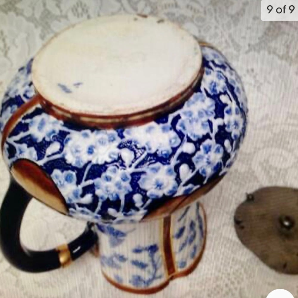 Antique, Tofts, Blue, Gold White Pitcher-Jug with Pewter Lid 7.25in H x 6in
