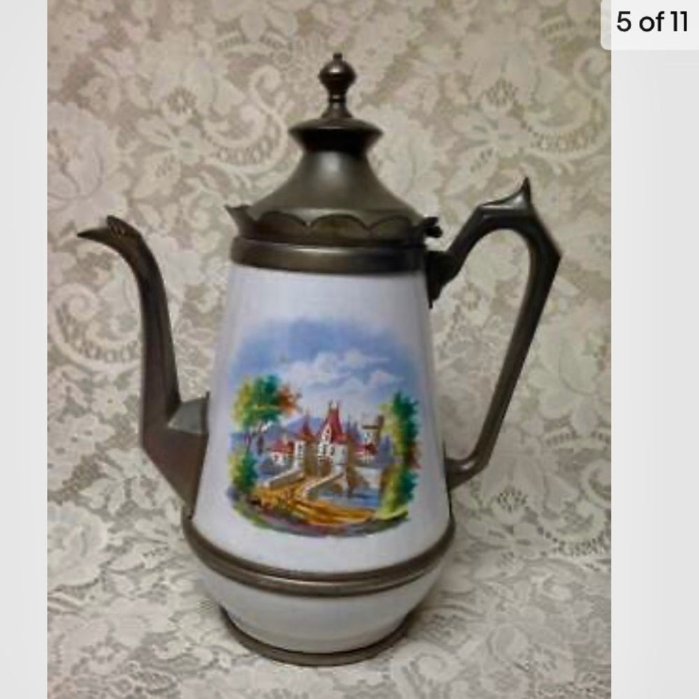 Antique, Enamelware-Pewter, XL Coffee-Teapot 12.5in H x 10.5in W x 6.5in