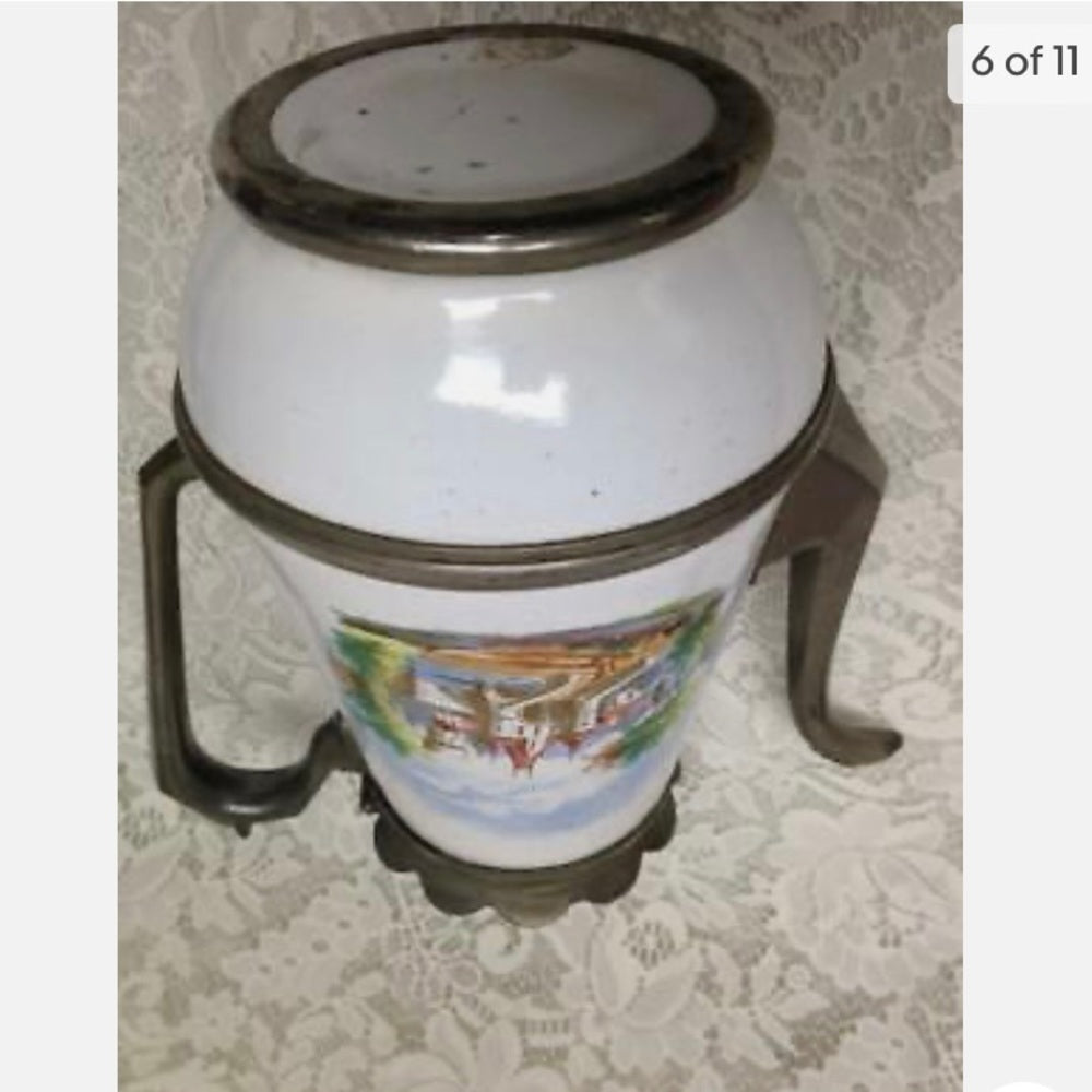 Antique, Enamelware-Pewter, XL Coffee-Teapot 12.5in H x 10.5in W x 6.5in