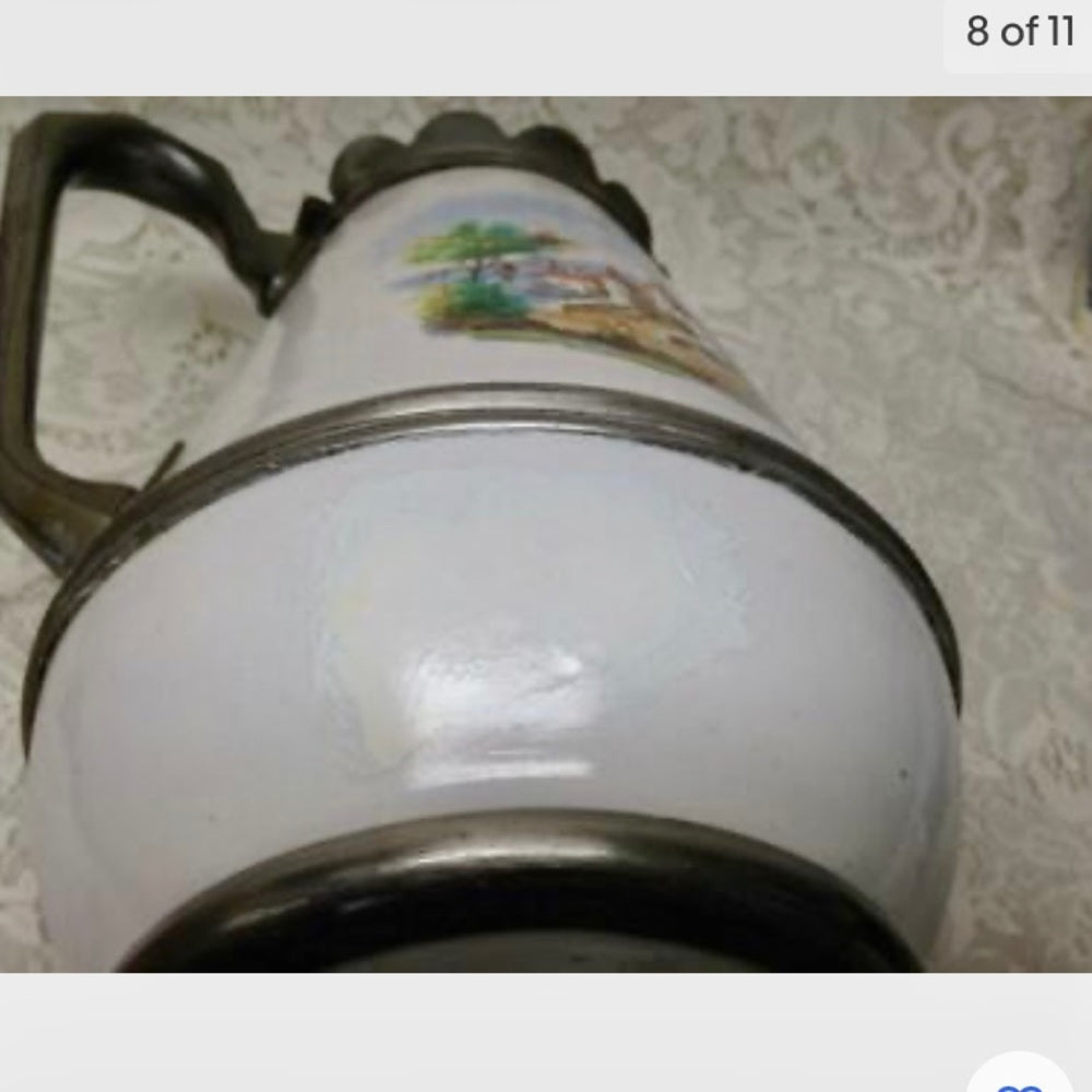 Antique, Enamelware-Pewter, XL Coffee-Teapot 12.5in H x 10.5in W x 6.5in