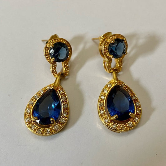 Vintage, Gold Tone, Blue Sapphire Dangling Pierced Earrings
