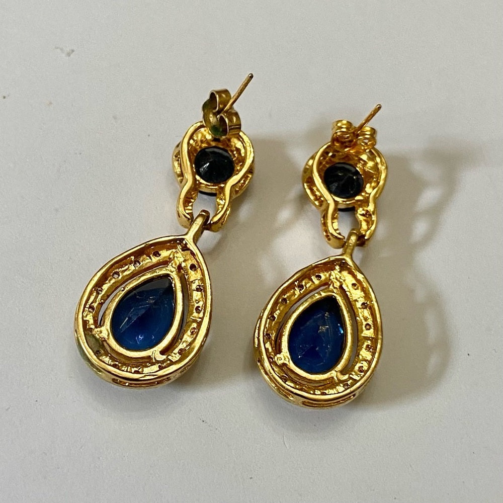 Vintage, Gold Tone, Blue Sapphire Dangling Pierced Earrings
