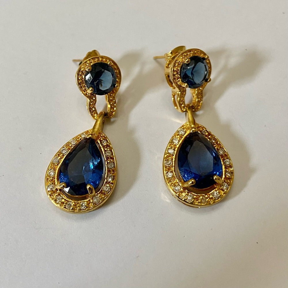 Vintage, Gold Tone, Blue Sapphire Dangling Pierced Earrings