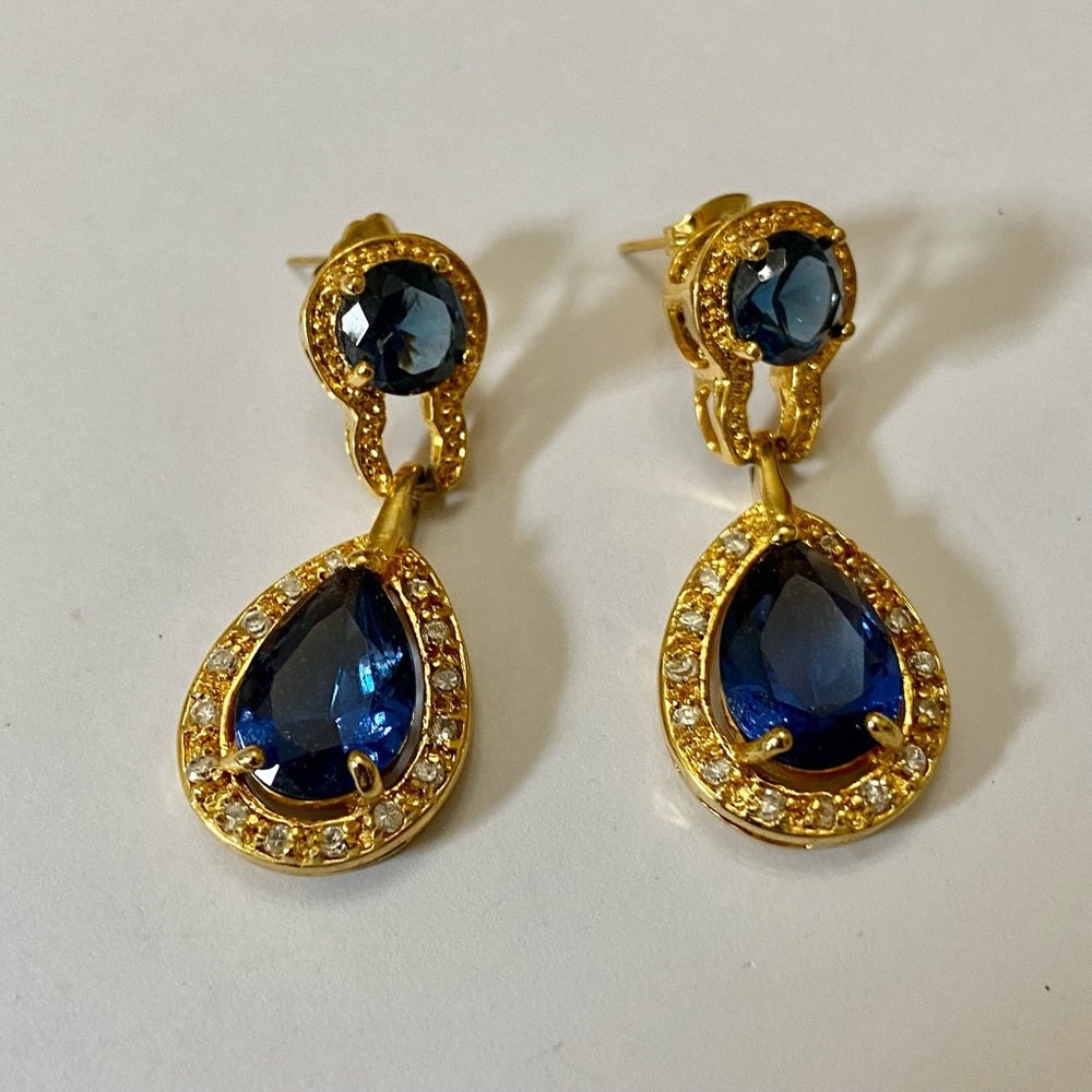 Vintage, Gold Tone, Blue Sapphire Dangling Pierced Earrings