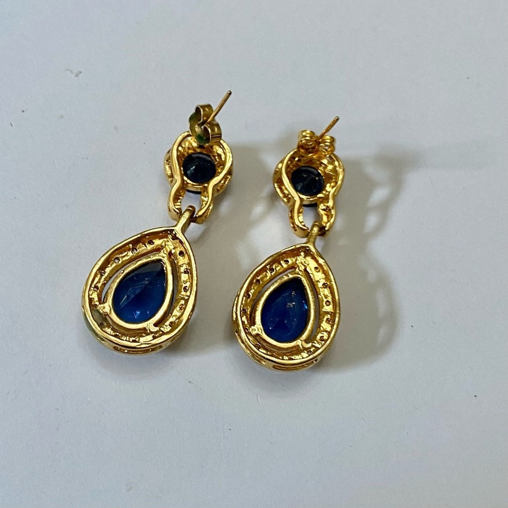 Vintage, Gold Tone, Blue Sapphire Dangling Pierced Earrings