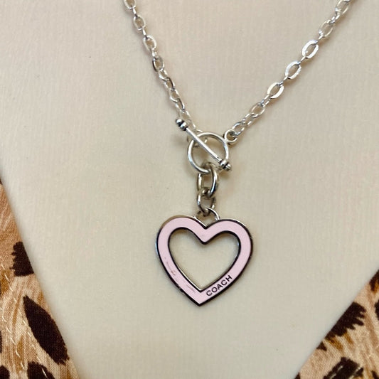 Coach, Pink Heart Enamel Silver Tone Pendant Necklace