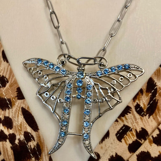 Vintage, Art Nouveau, Large, Silver Tone,  Butterly Brooch-Pendant Necklace
