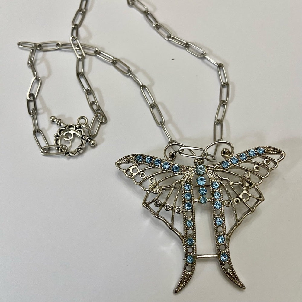 Vintage, Art Nouveau, Large, Silver Tone,  Butterly Brooch-Pendant Necklace