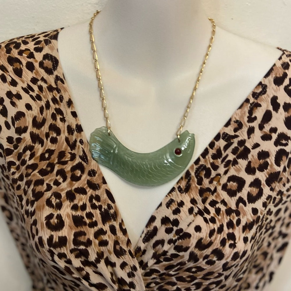 Vintage, 4.5in Carved Fish Jade  Necklace