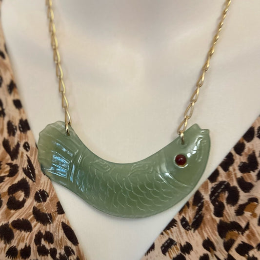 Vintage, 4.5in Carved Fish Jade  Necklace