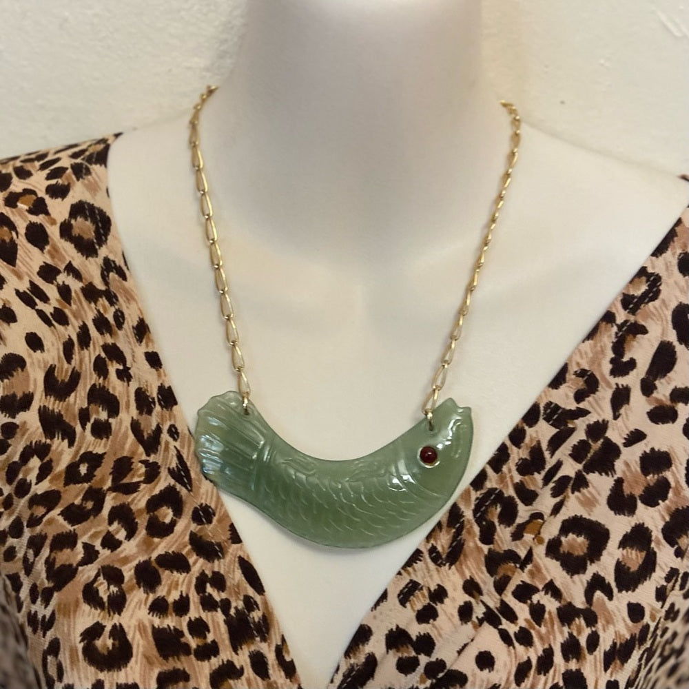 Vintage, 4.5in Carved Fish Jade  Necklace