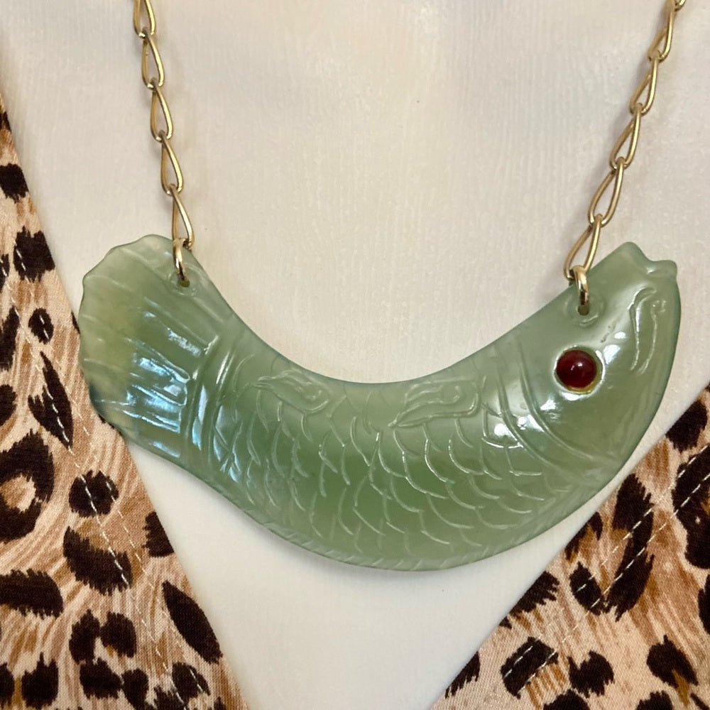 Vintage, 4.5in Carved Fish Jade  Necklace