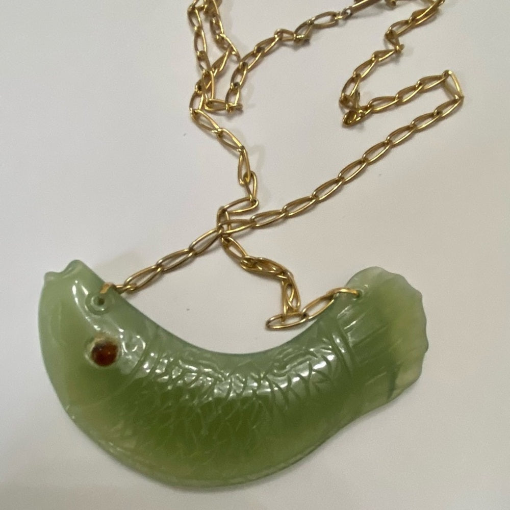 Vintage, 4.5in Carved Fish Jade  Necklace