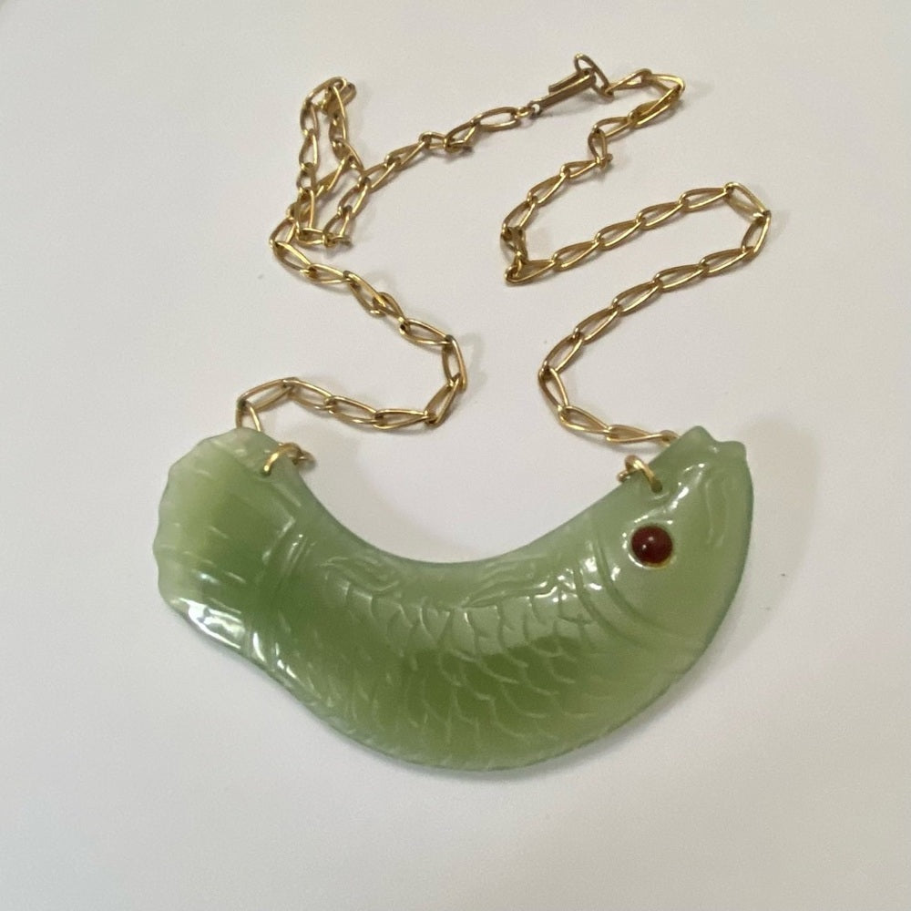 Vintage, 4.5in Carved Fish Jade  Necklace