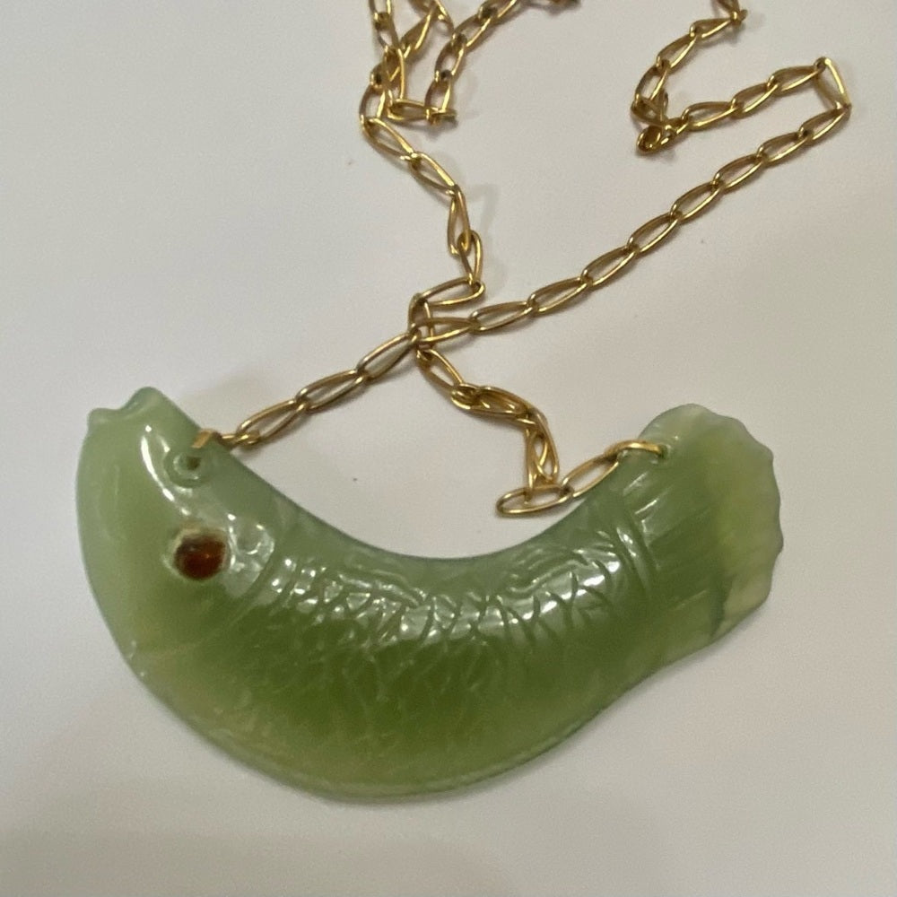 Vintage, 4.5in Carved Fish Jade  Necklace